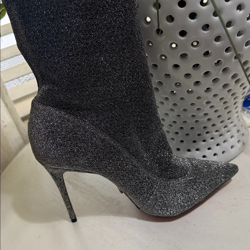 $258 SCHUTZ Silver Metallic Stretch Heeled Ankle Booties 9.5 NWT